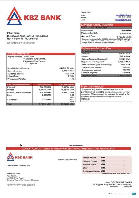 Download Myanmar Kanbawza Bank mortgage statement Word and PDF template Photoshop template